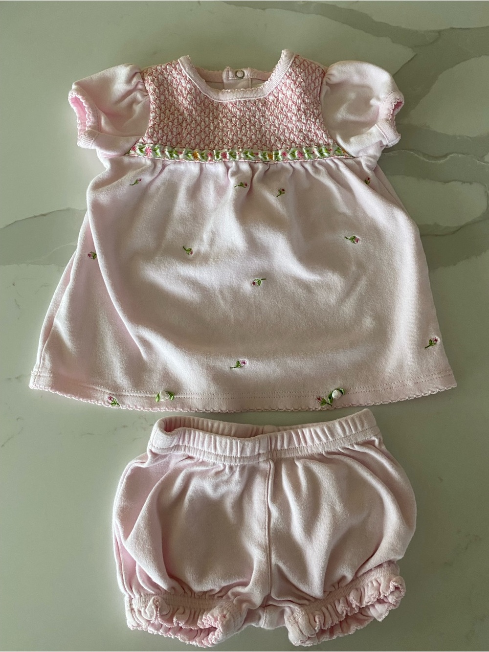Vintage First Moments Smocked floral Embroidered Dress & Bloomers Set 3-6M 2pc